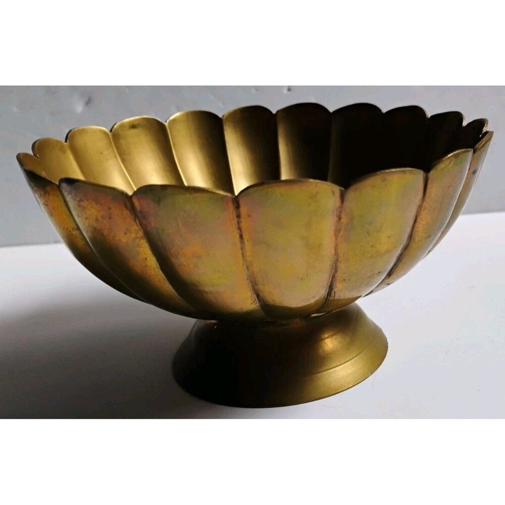 Vintage Solid Brass Lotus Pedestal Bowl Scalloped Edge Catchall Medium 5.5"
